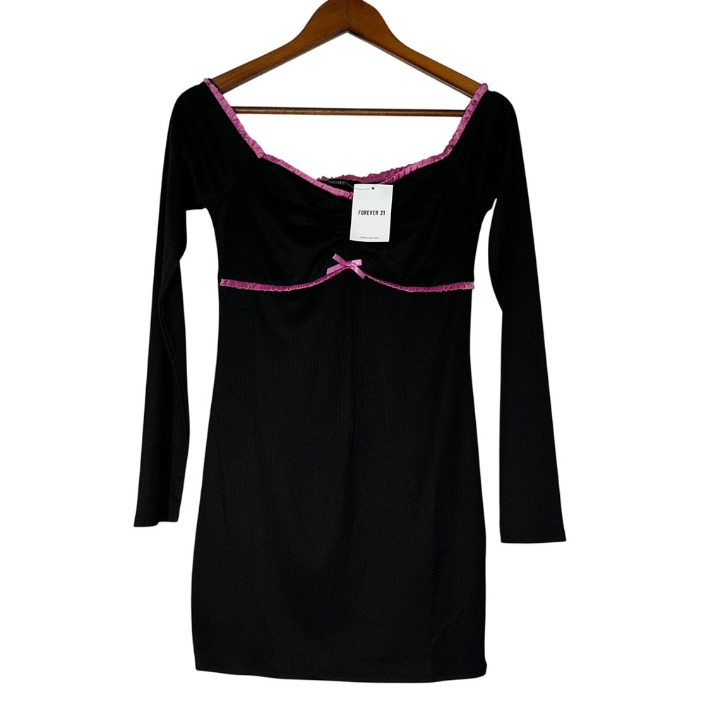 Forever 21 Two Tone Bow Bodycon Mini Dress Medium Black Long Sleeve Babydoll NEW